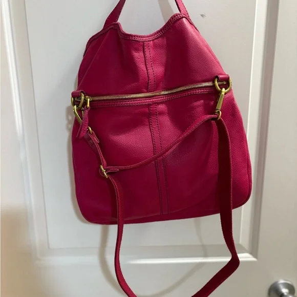 Fossil Genuine Leather Tote Bag Fuchsia Double Zip Pocket Shoulder Bag - Picture 2 of 3